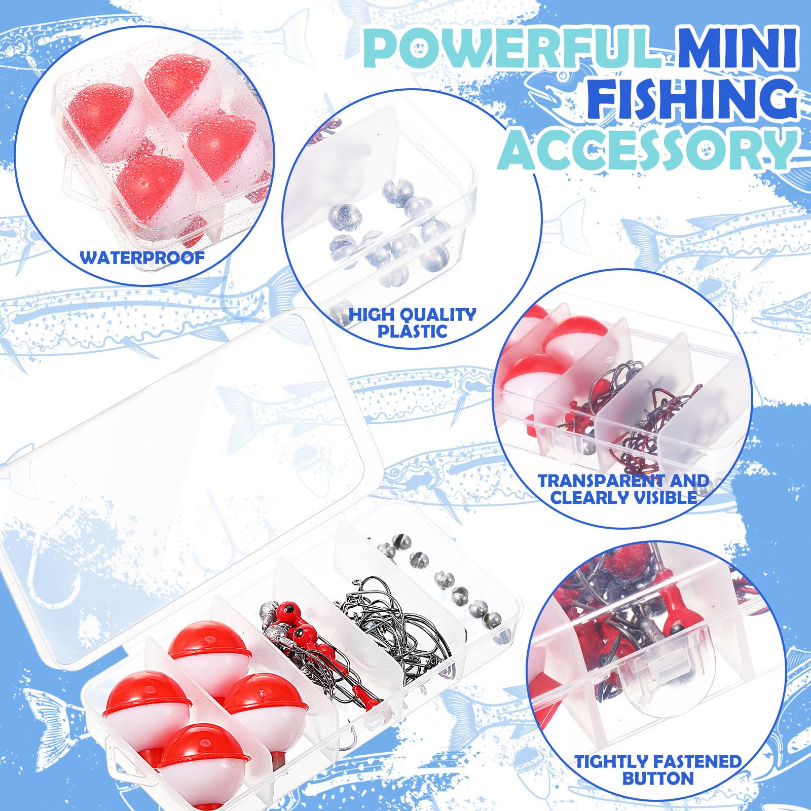 Includes 8 floats, 24 jig head hooks and 40 fishing hooks