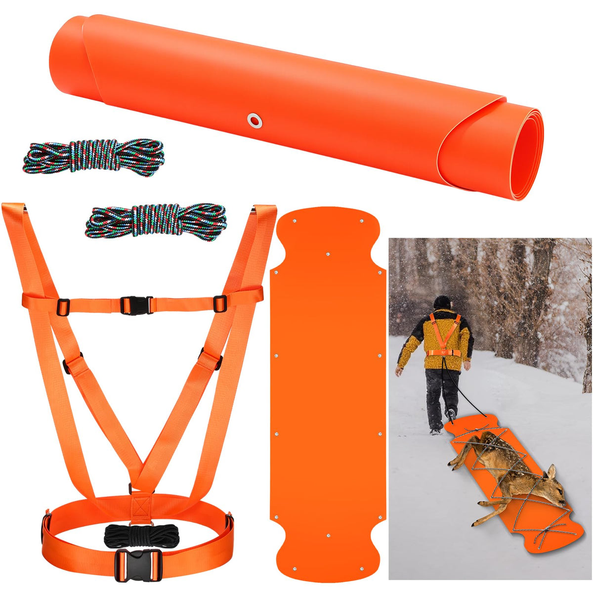 WinnerWhy deer drag harness orange adjustable secures game for safe transport.