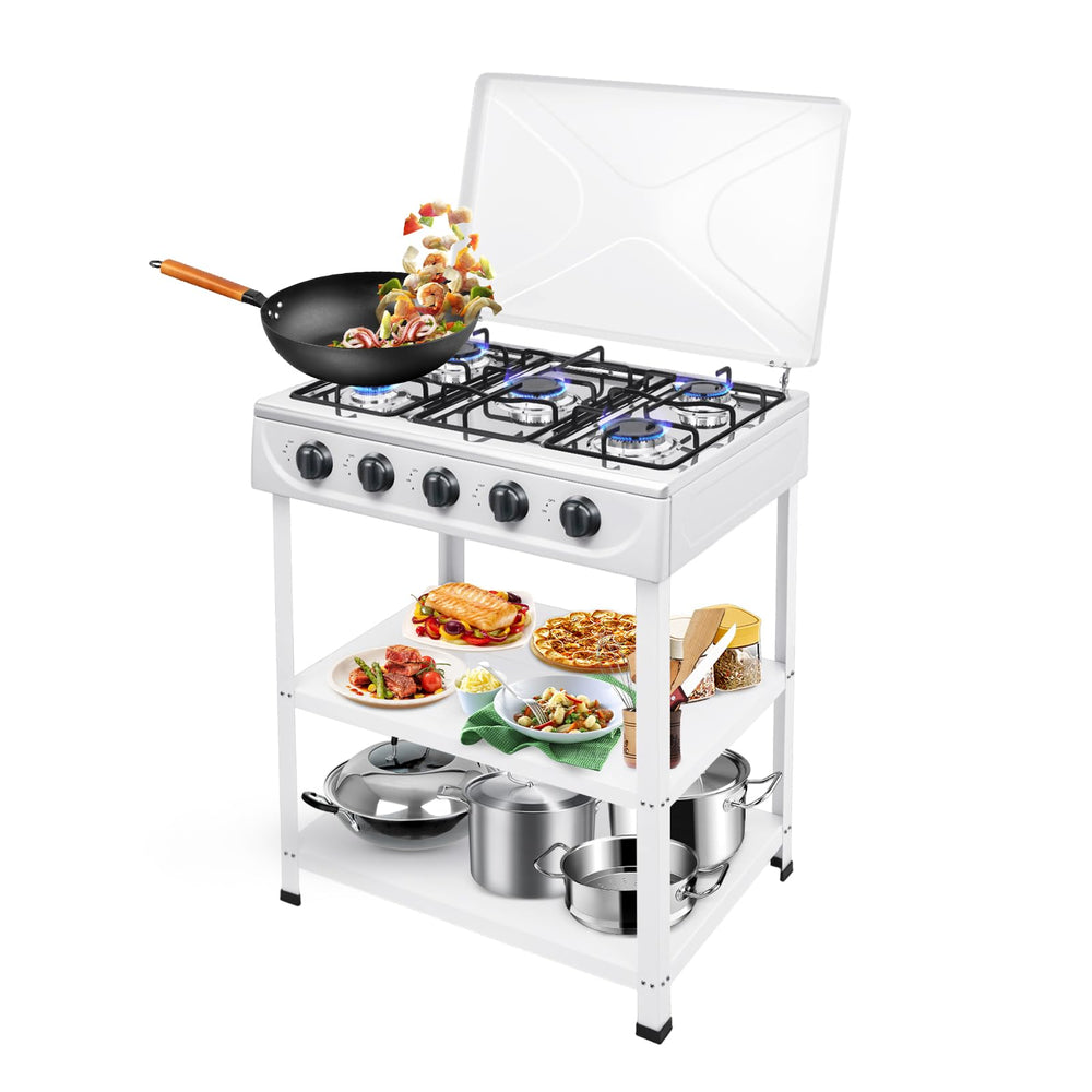 WINNIESHOP 5-burner stove front view highlights multitasking cooking potential.