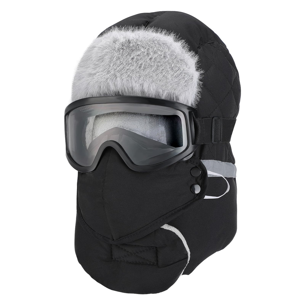 Front view of Winter Trapper Hat for Men with removable mask and goggles