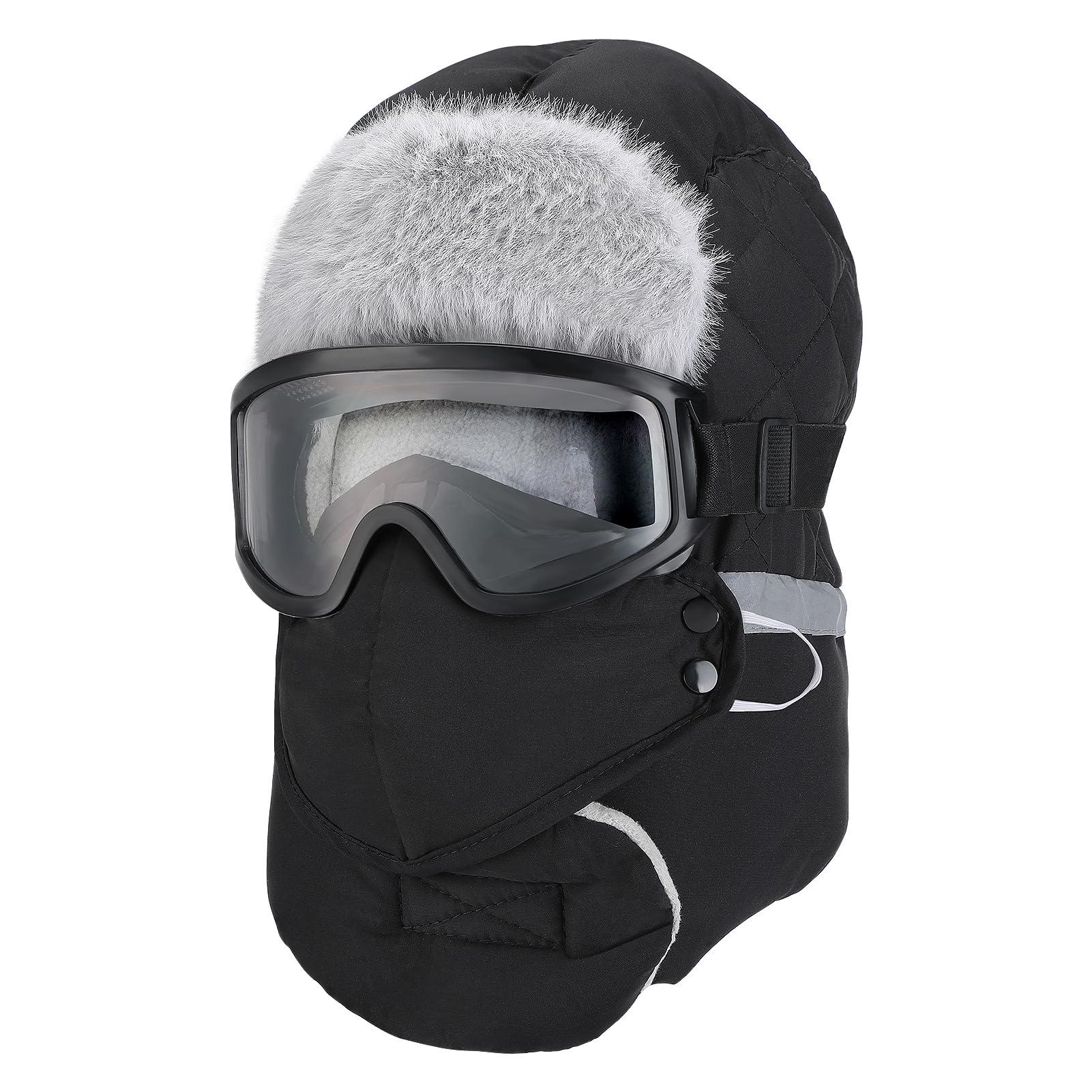 Winter Trapper Hat for Men in black with removable mask and goggles, front view