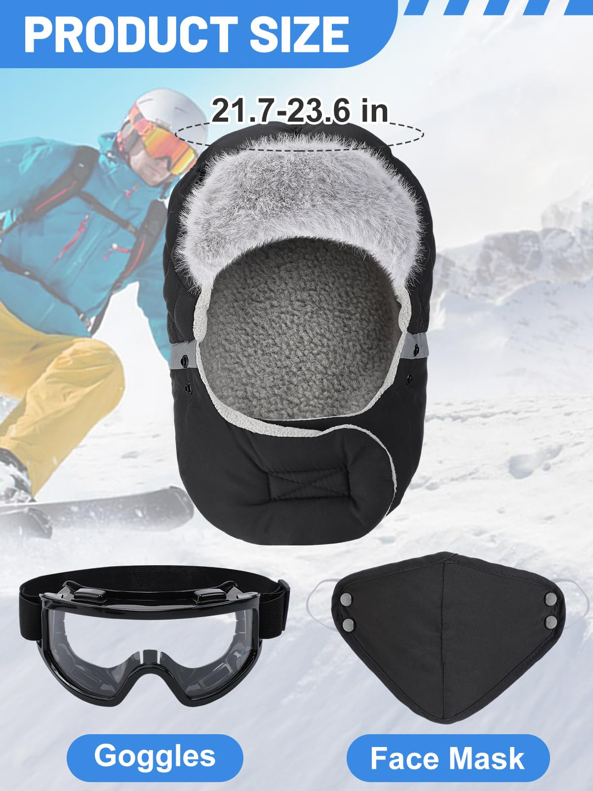 Model wearing Winter Trapper Hat for Men during outdoor winter activity, black