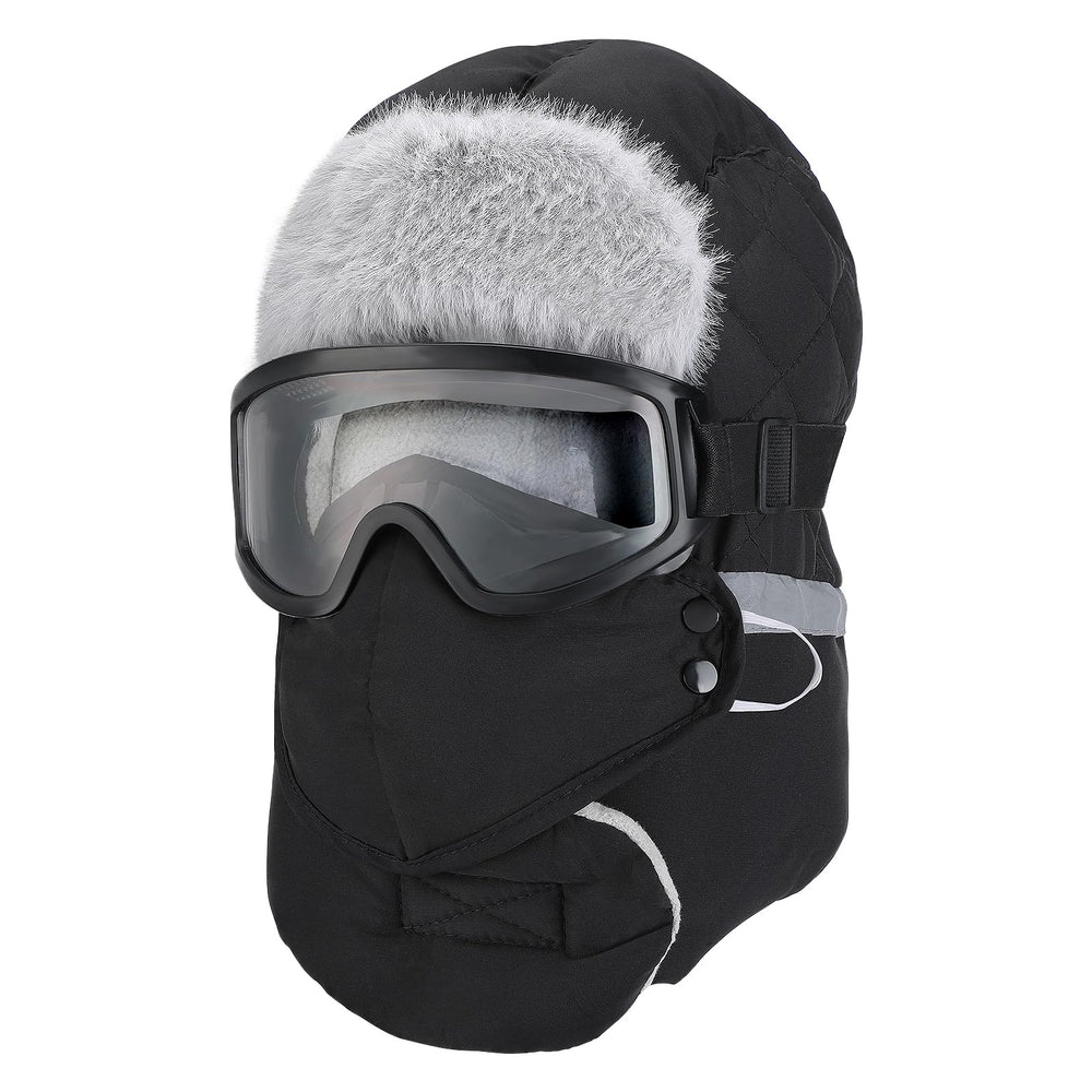 Winter Trapper Hat for Men in black - front view with removable face mask