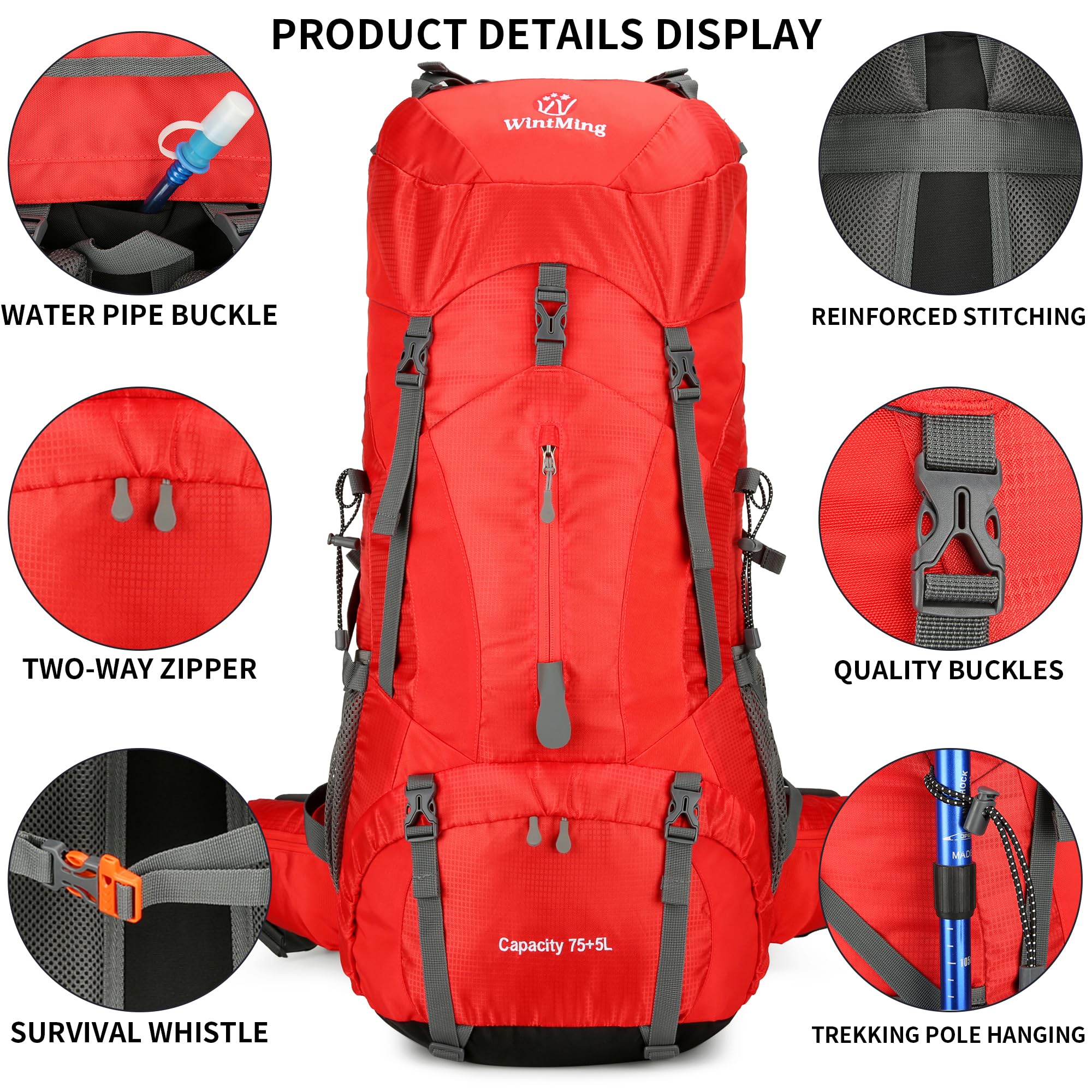 WintMing 75L hiking backpack compression straps secure gear during travel.