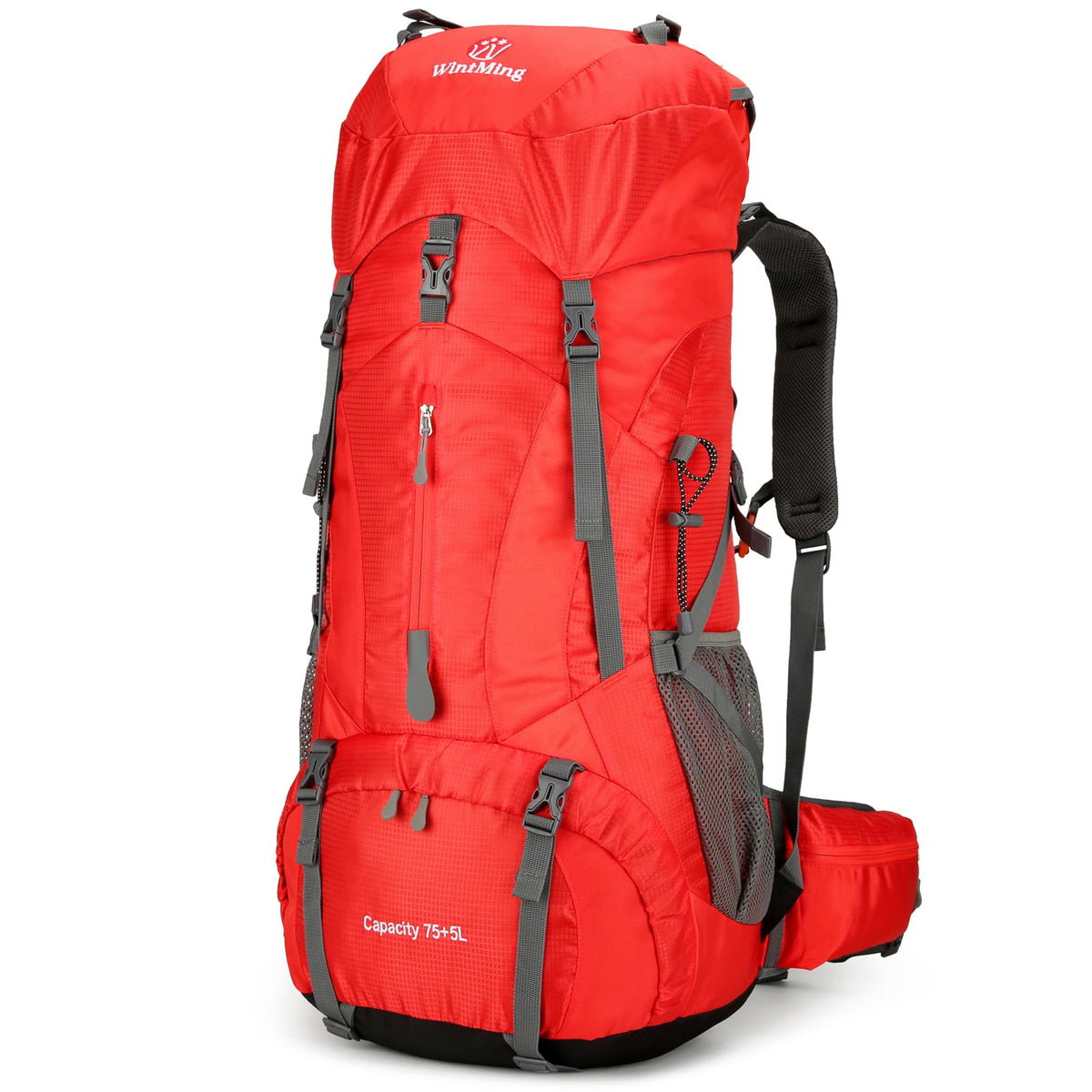 WintMing 75L hiking backpack front view shows durable construction for long treks.
