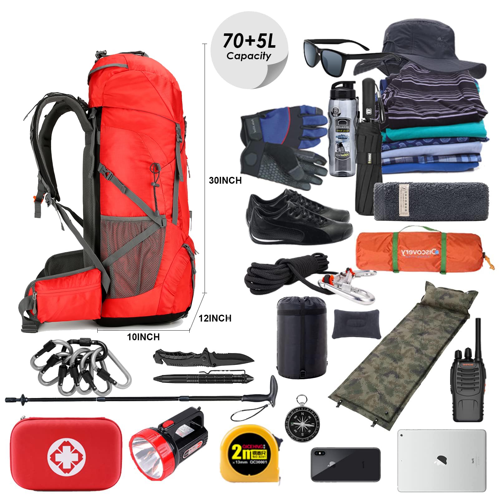 WintMing 75L hiking backpack shoe-warehouse keeps extra footwear organized.