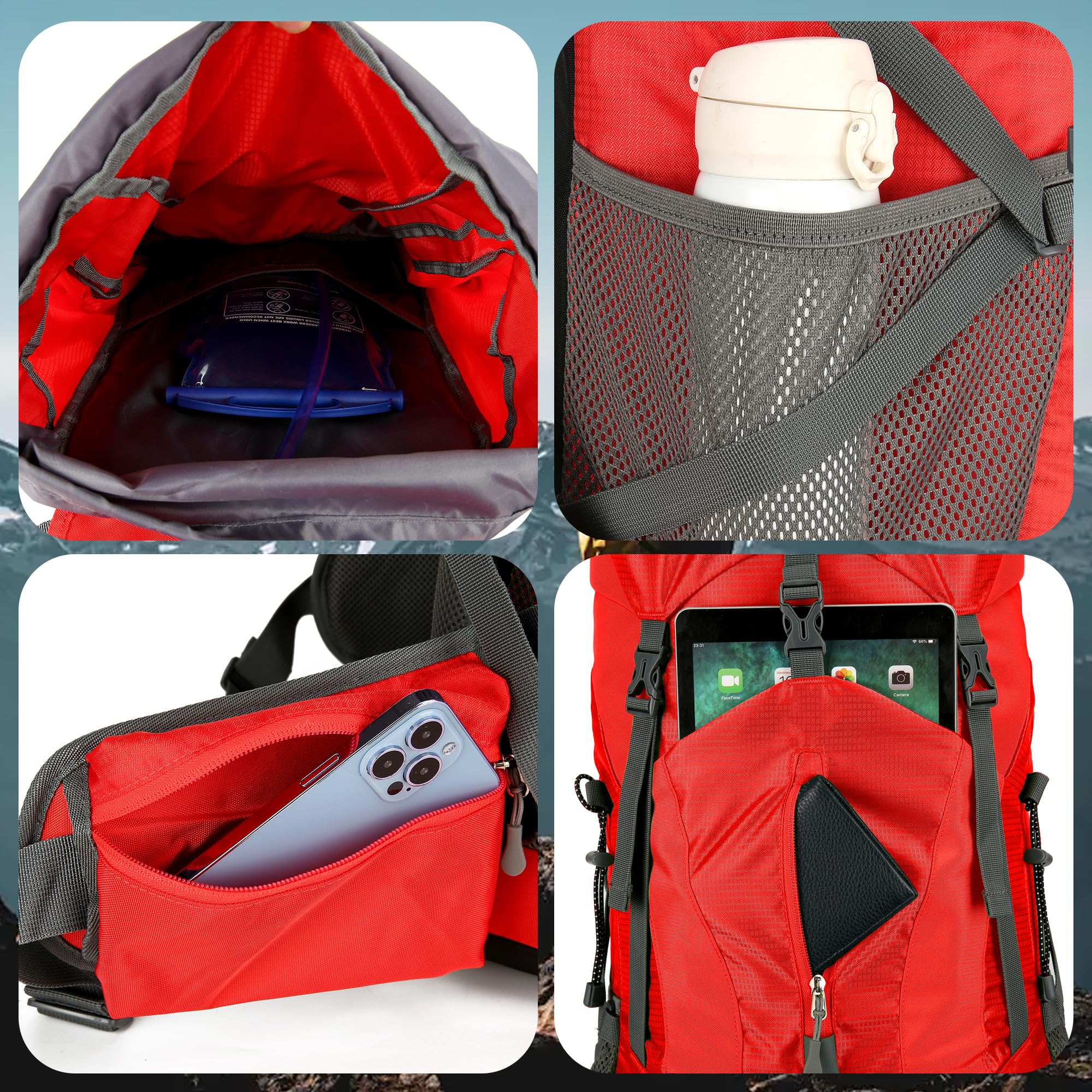 WintMing 75L hiking backpack water-bladder pocket enables easy on-trail hydration.