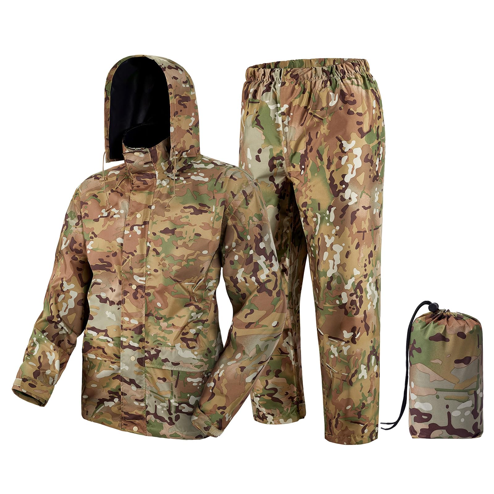 WINWAY rain suit jacket front view with tree camo pattern for hiking and hunting protection.