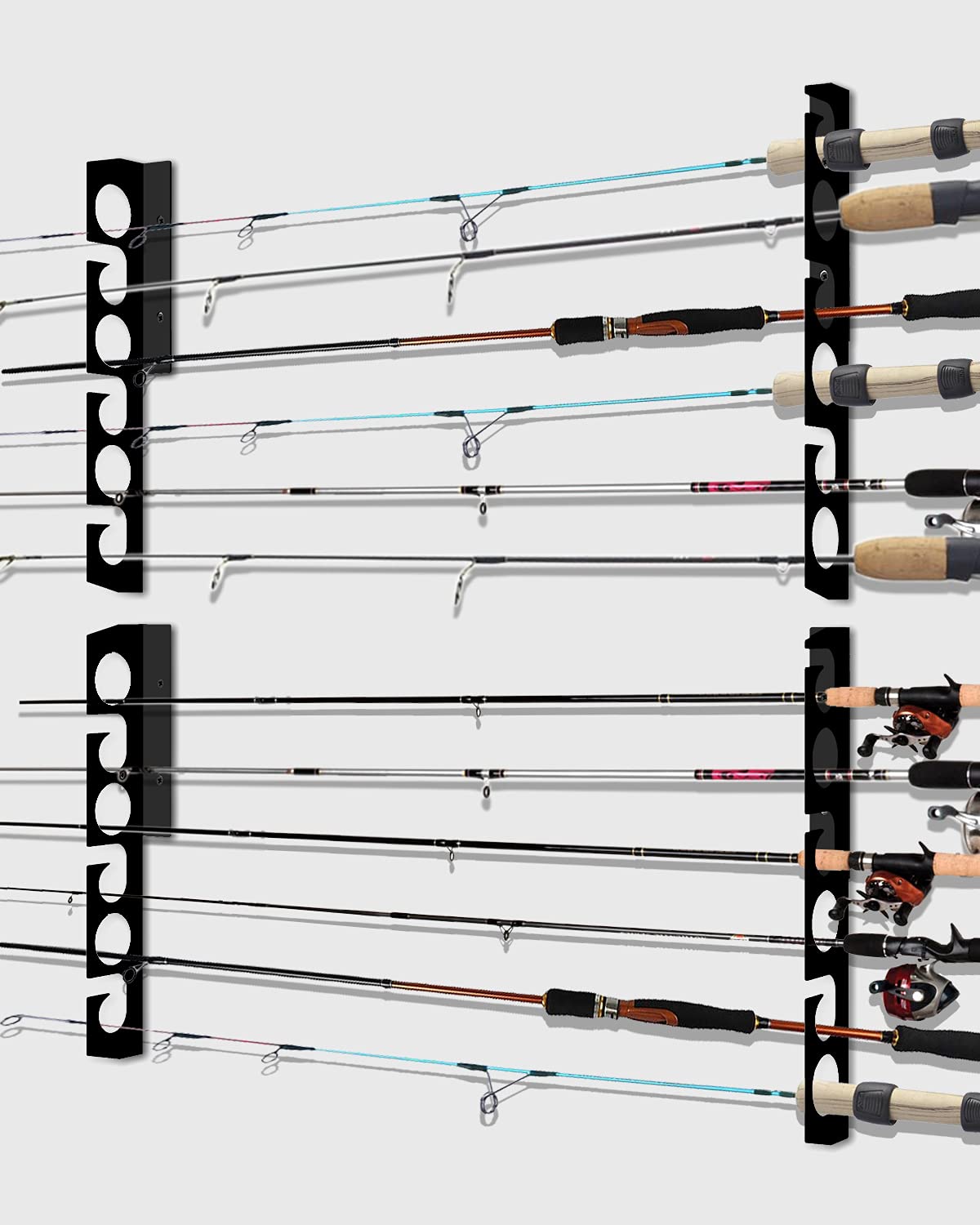 Wall-mounted fishing rod rack holding multiple rods