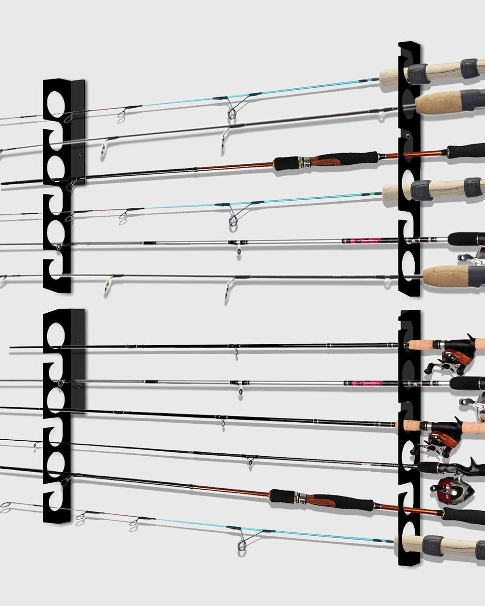 Wall-mounted fishing rod rack holding multiple rods