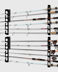 Wall-mounted fishing rod rack holding multiple rods