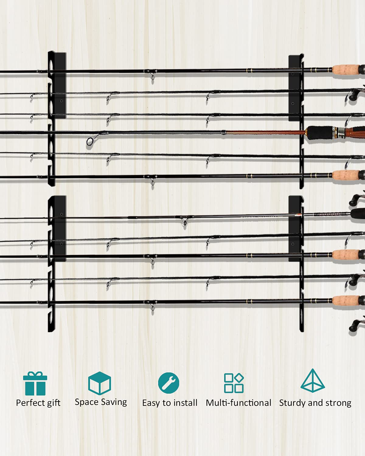 Sturdy mounting hardware included with rod rack