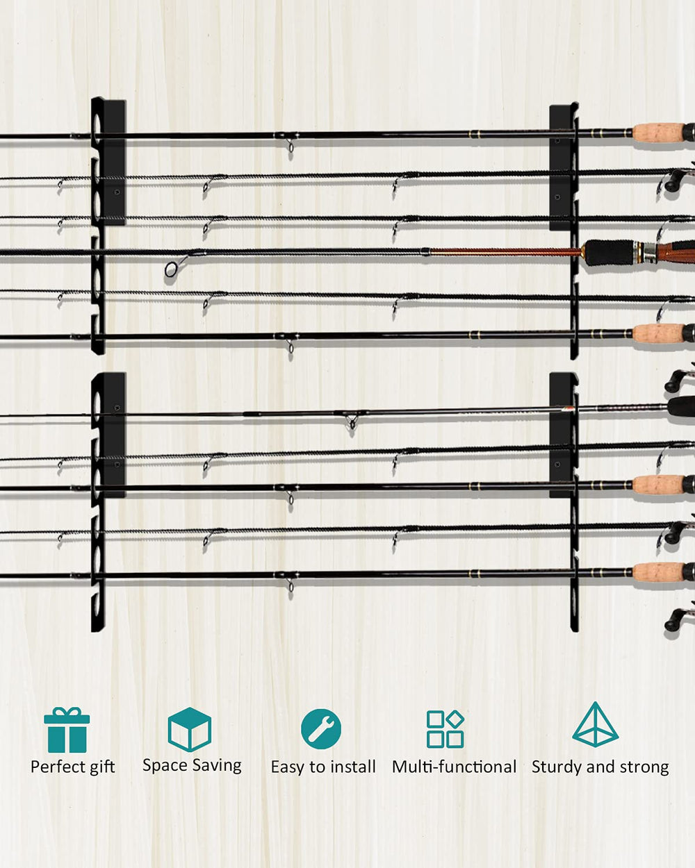 Sturdy mounting hardware included with rod rack