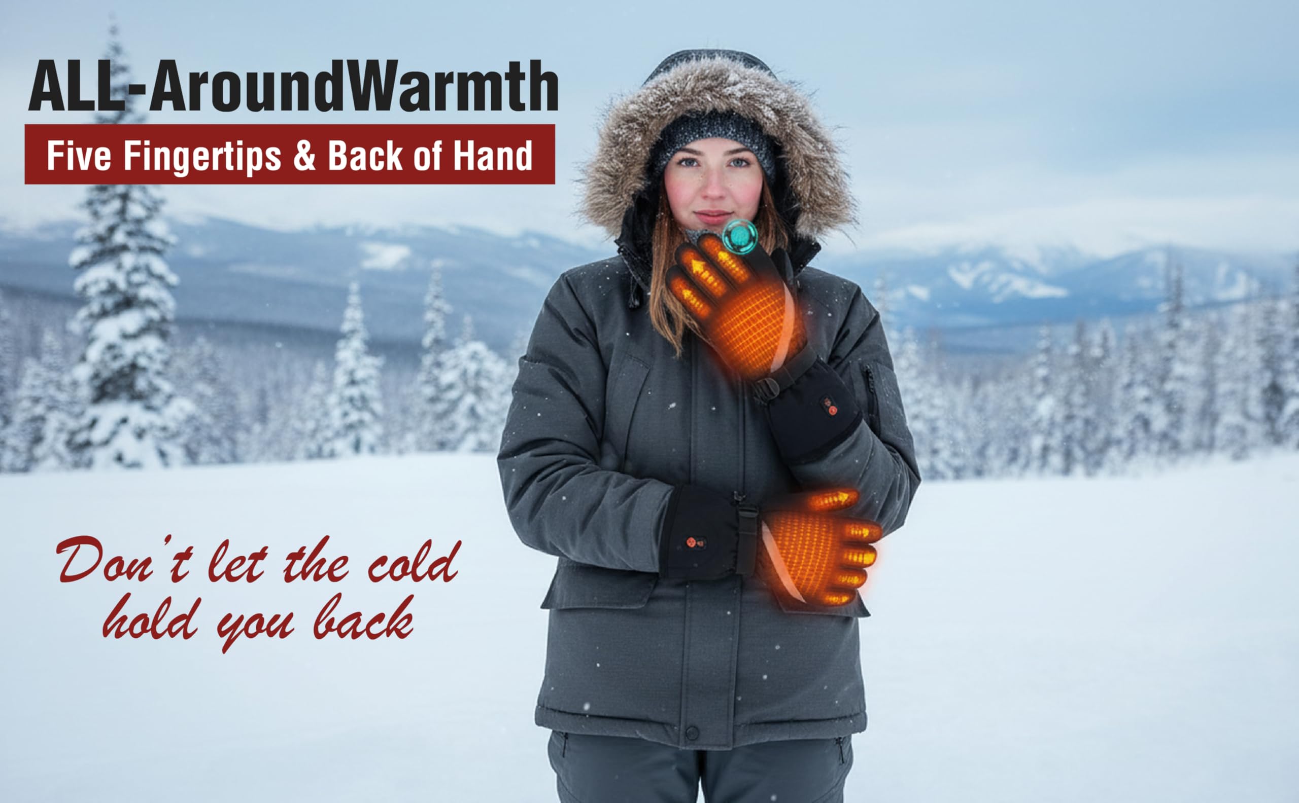 WirelessFinest heated gloves adjustable wrist strap blocks wind and snow.