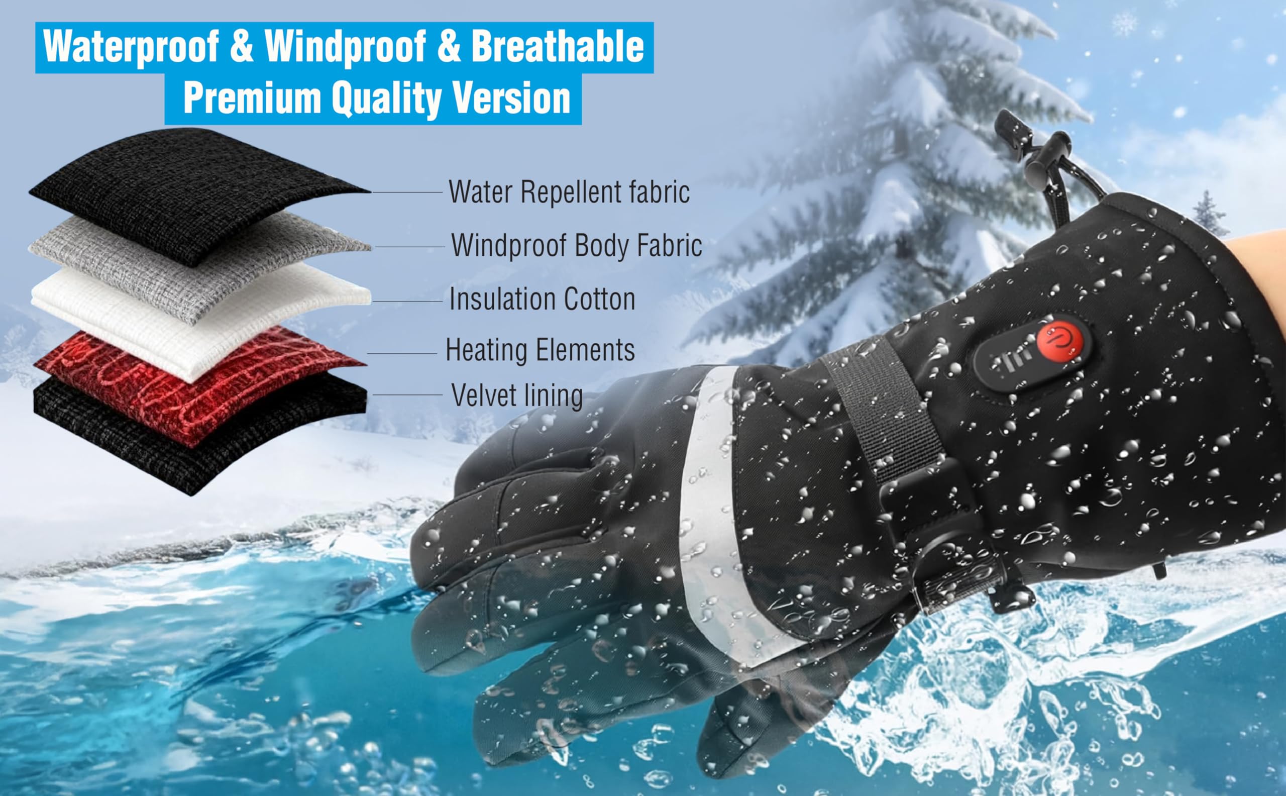 WirelessFinest heated gloves waterproof outer shell protects hands in rain or snow.