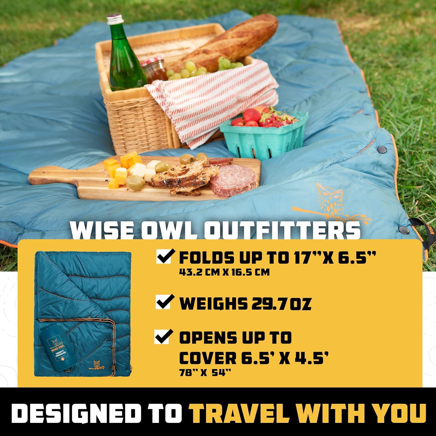 Wise Owl Outfitters blanket showing water-resistant shell in wet conditions