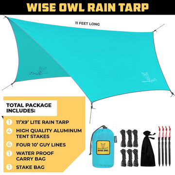 Wise Owl Outfitters rain fly setup with stakes for quick shelter