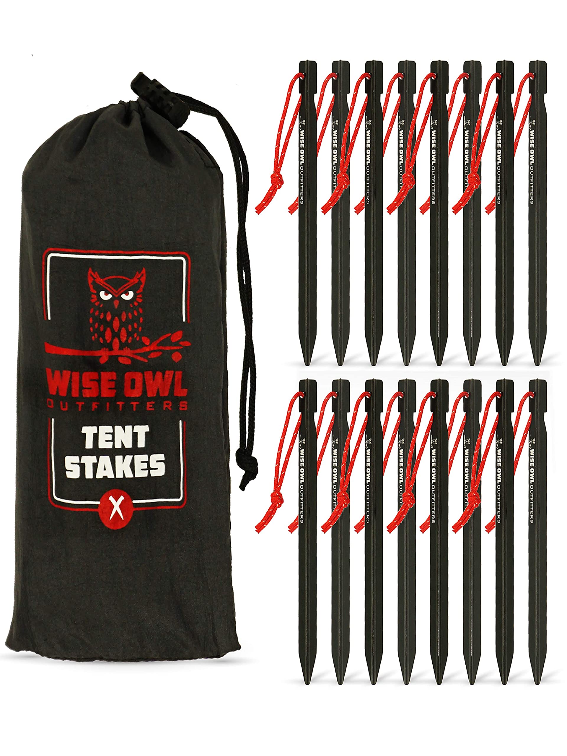Wise Owl Outfitters tent stakes 16-pack showcased for versatile camping setup.
