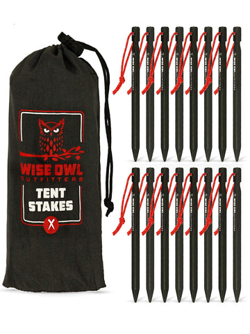 Wise Owl Outfitters tent stakes 16-pack showcased for versatile camping setup.