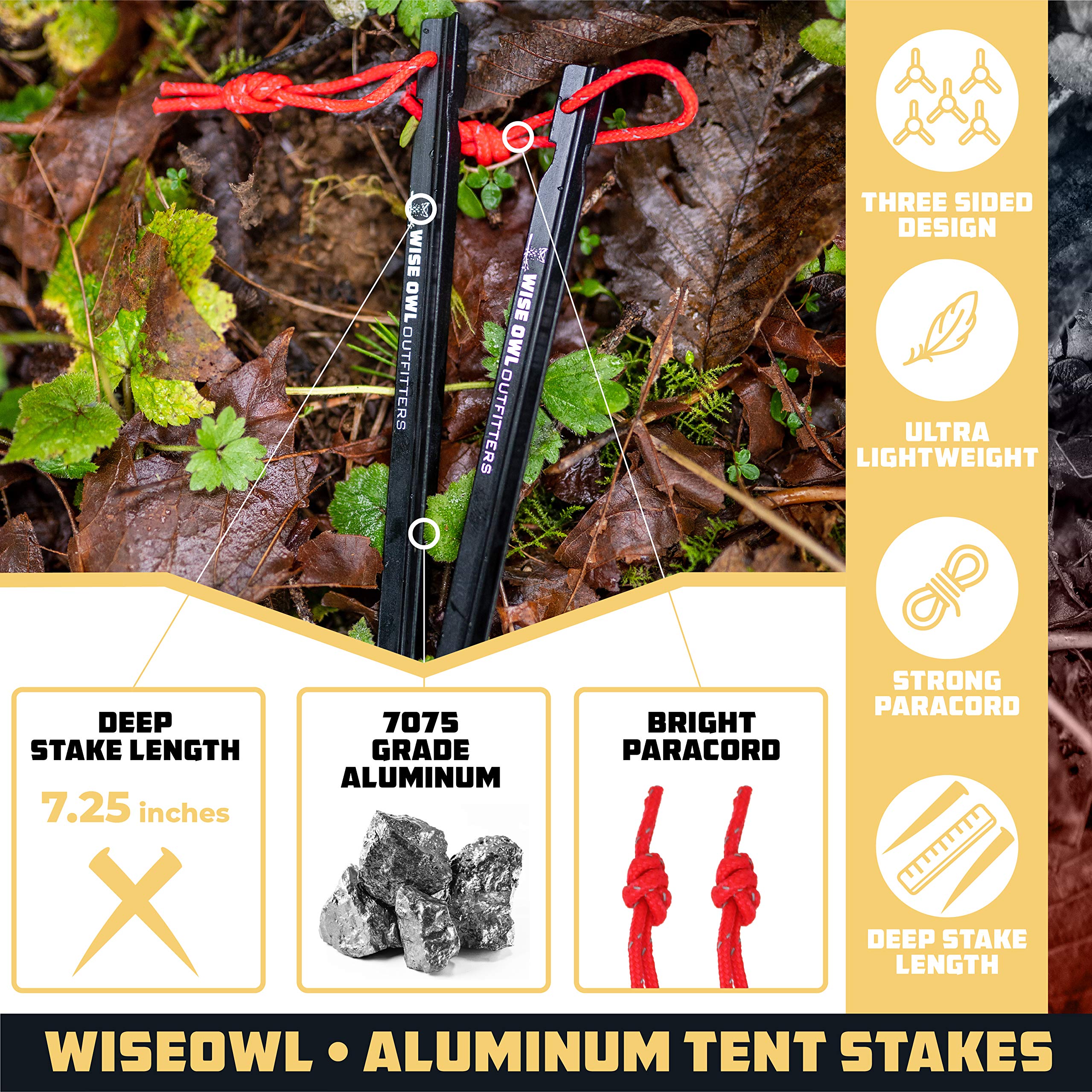 Wise Owl Outfitters Y-beam 3-sided stake design provides strong grip in soil.