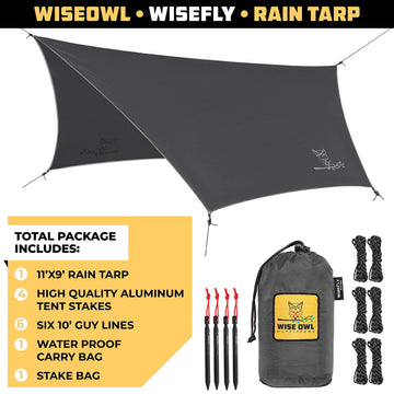 Wise Owl waterproof nylon tarp provides reliable coverage for rain protection during trips.