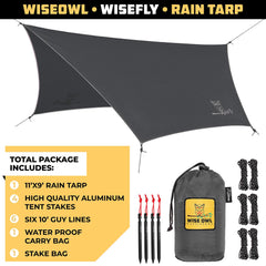 Wise Owl waterproof nylon tarp provides reliable coverage for rain protection during trips.