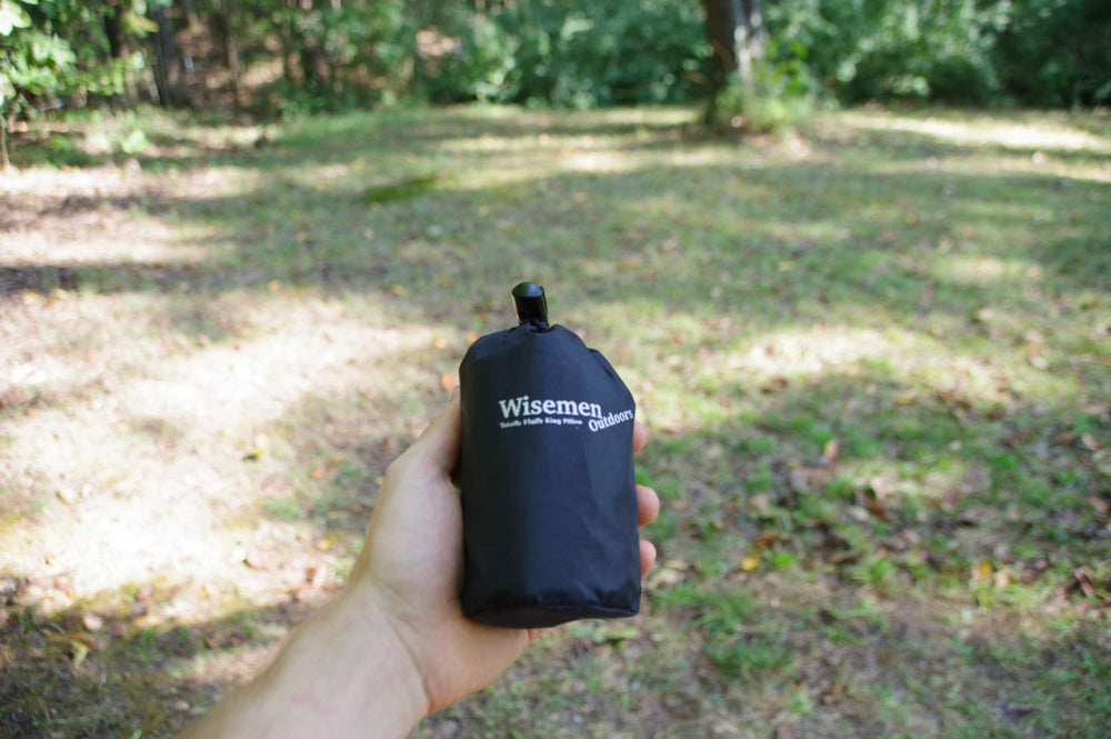 Wisemen Outdoors ultralight pillow folded compact for easy packing.