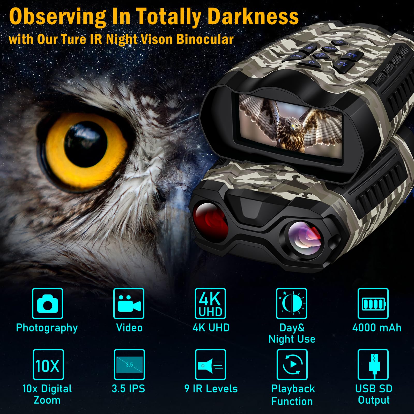 WISHBETY night vision binoculars with a 3.5 inch screen for real-time media review.