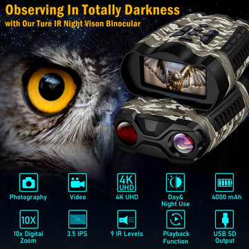 WISHBETY night vision binoculars with a 3.5 inch screen for real-time media review.
