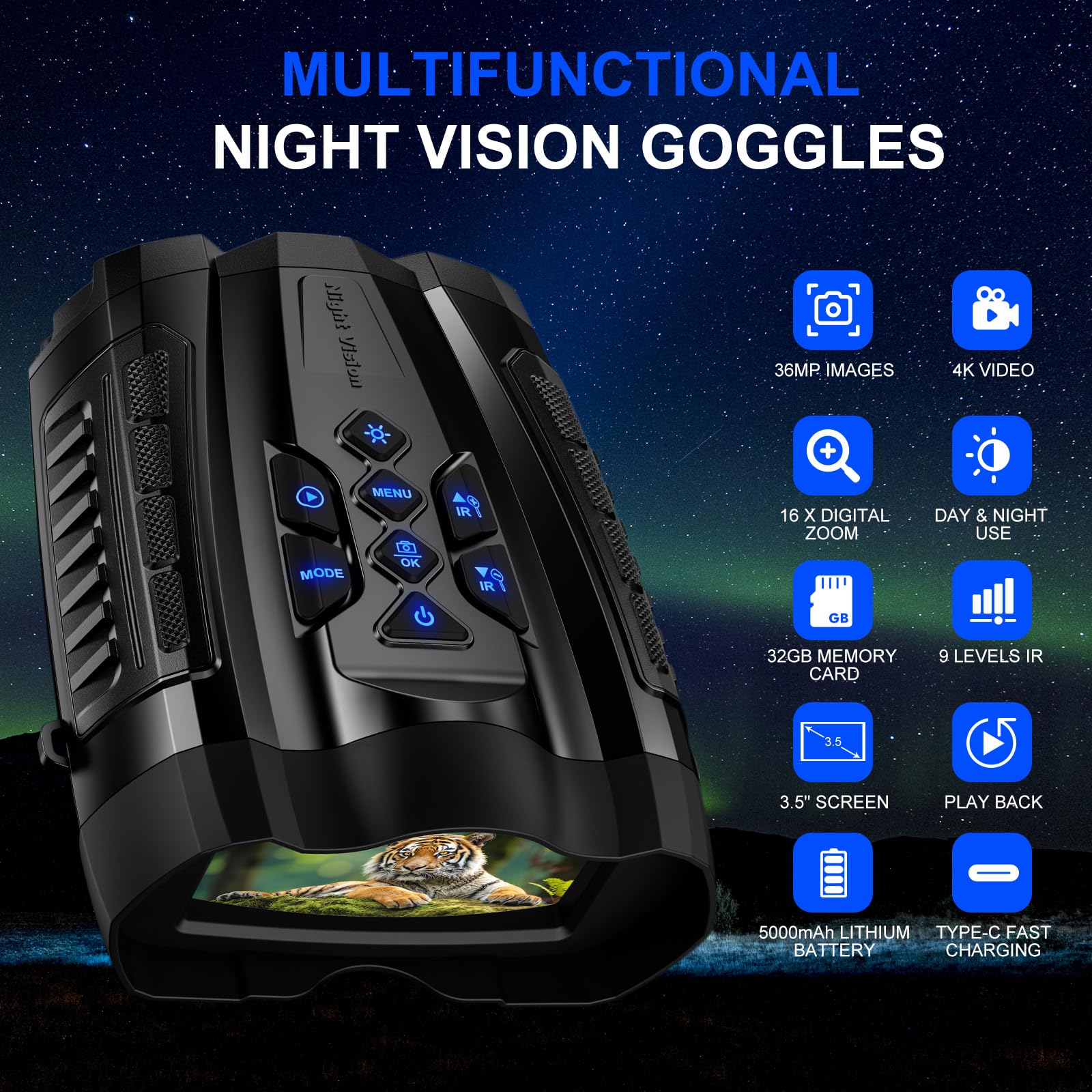 Wishbety night vision goggles includes 32GB card for on the go photo and video storage.