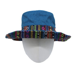 WITHMOONS hat showing drawstring chin cord in blue Aztec design for secure fit.