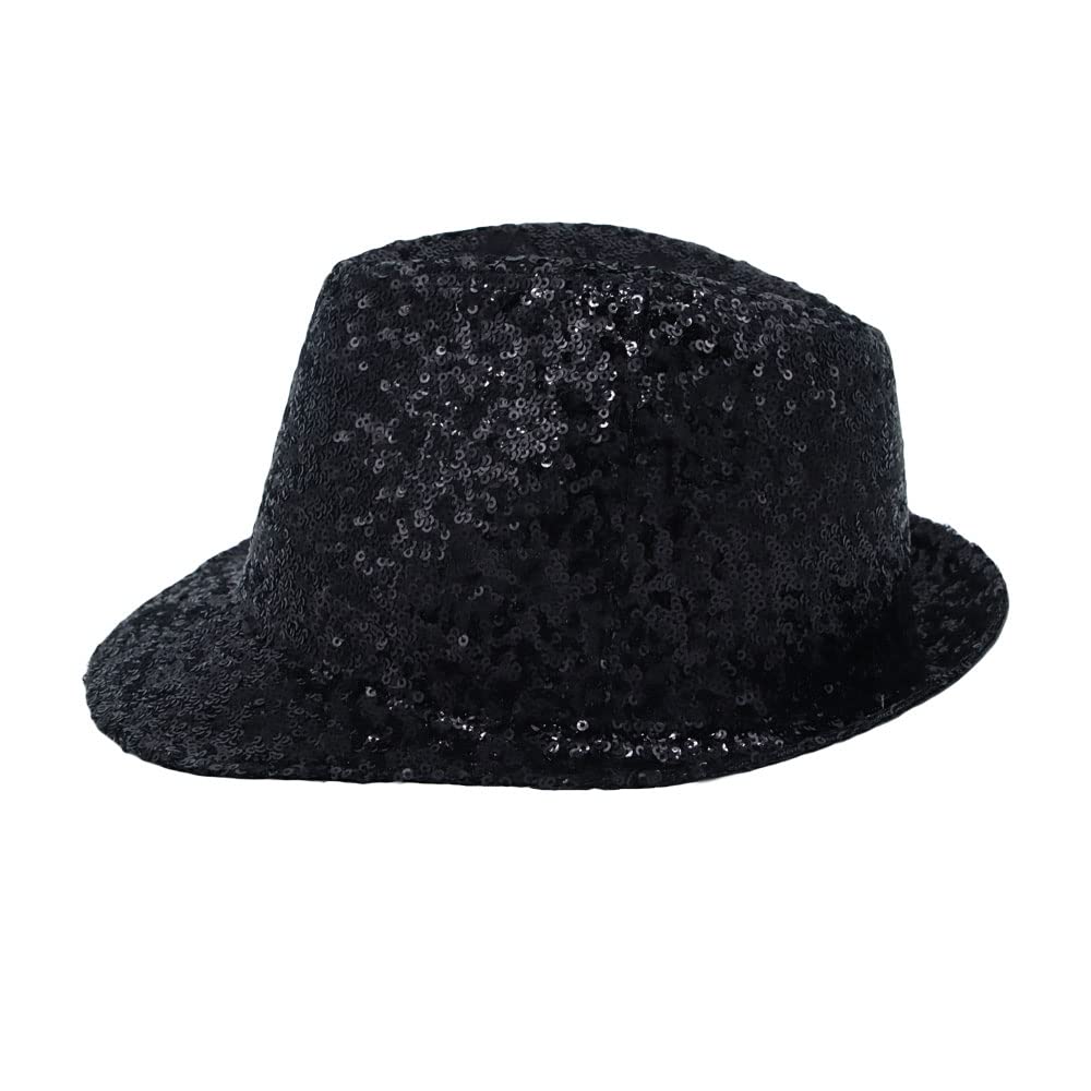 Withmoons-sequin-fedora-closeup reveals texture and sparkle on the cap