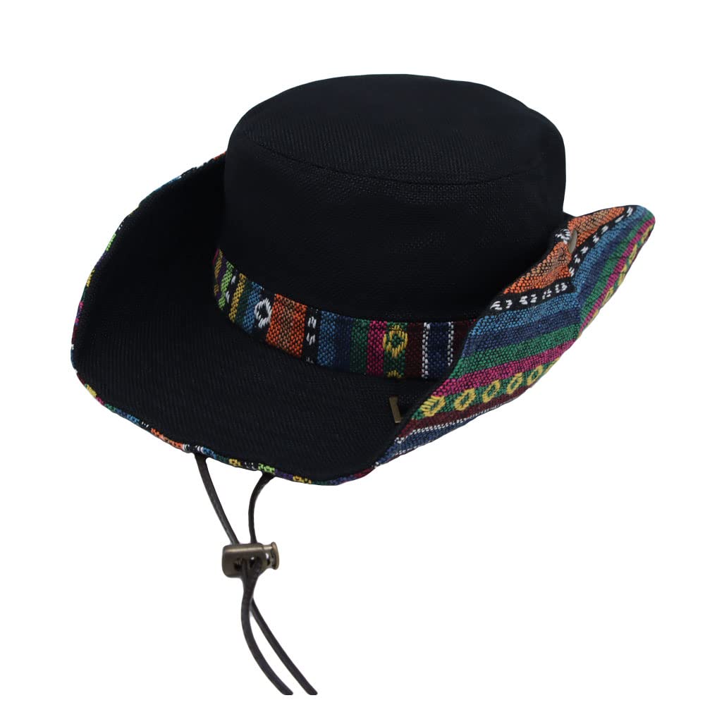 WITHMOONS boonie hat in black Aztec pattern, front view with sun protection.