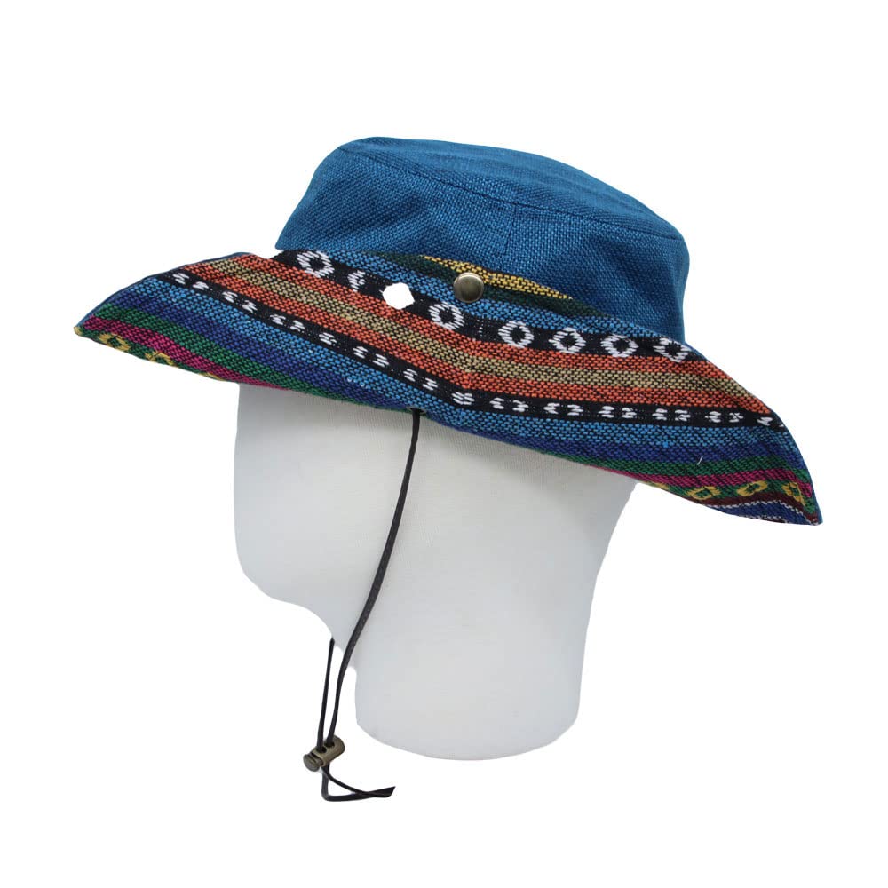 WITHMOONS packable hat folded flat for travel, blue Aztec pattern.