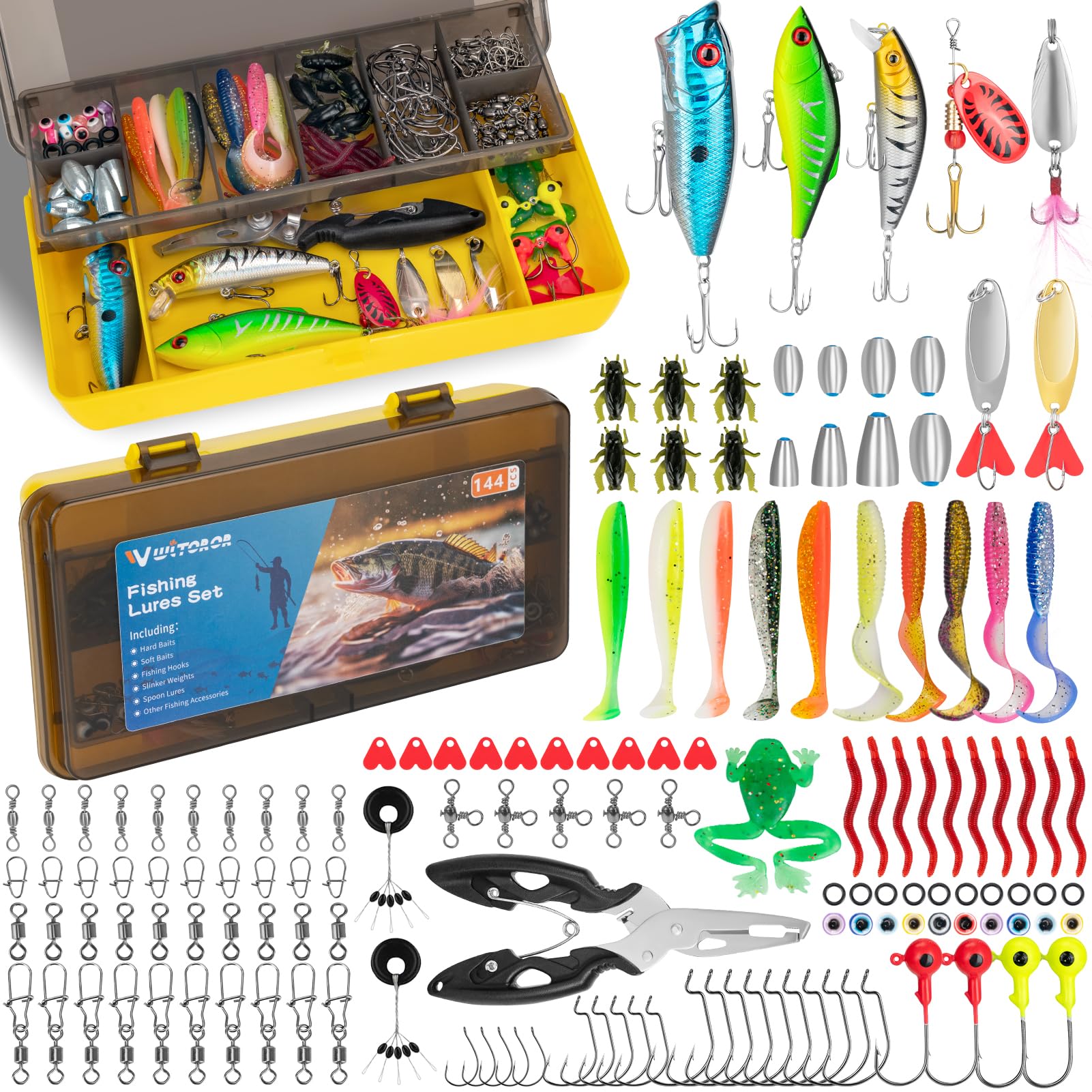 WITOROR Fishing Lures Kit with 144 pieces and tackle box