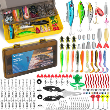 Open WITOROR 144-piece fishing lures kit in tackle box