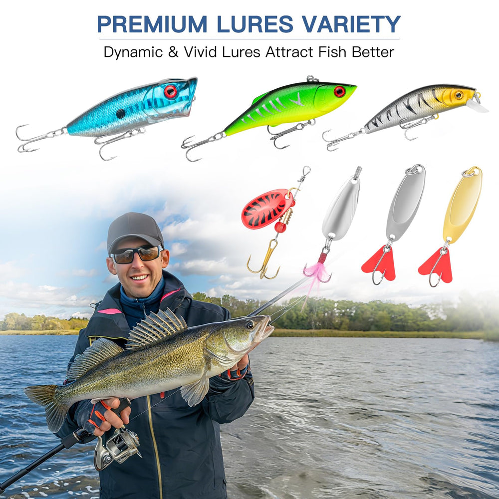 Assorted lures: jigs, hooks, weights and soft plastics