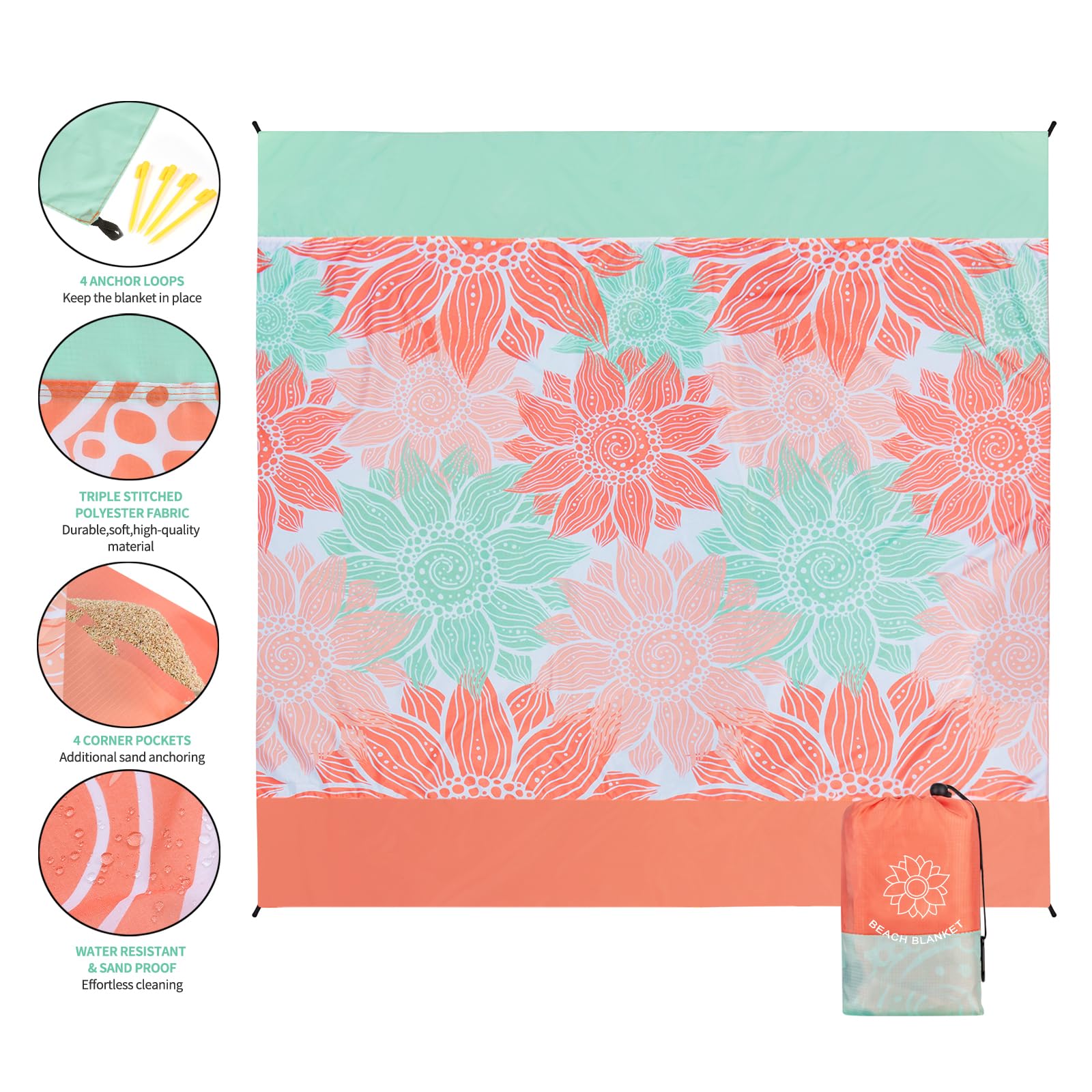 WIWIGO Beach Blanket carabiner and carry bag enable quick transport.