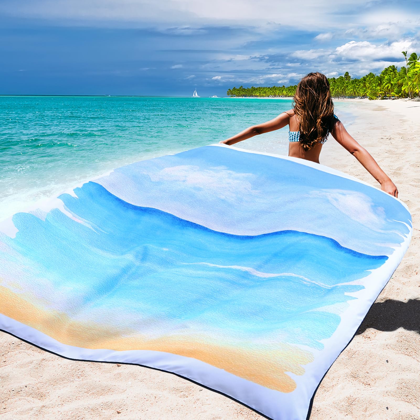 WIWIGO Beach Blanket attached to a bag with a carabiner for easy carry.