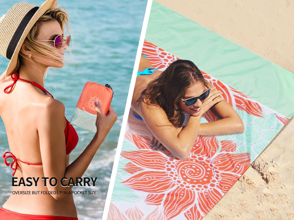 WIWIGO Beach Blanket folded for portability fits compact carry bag.
