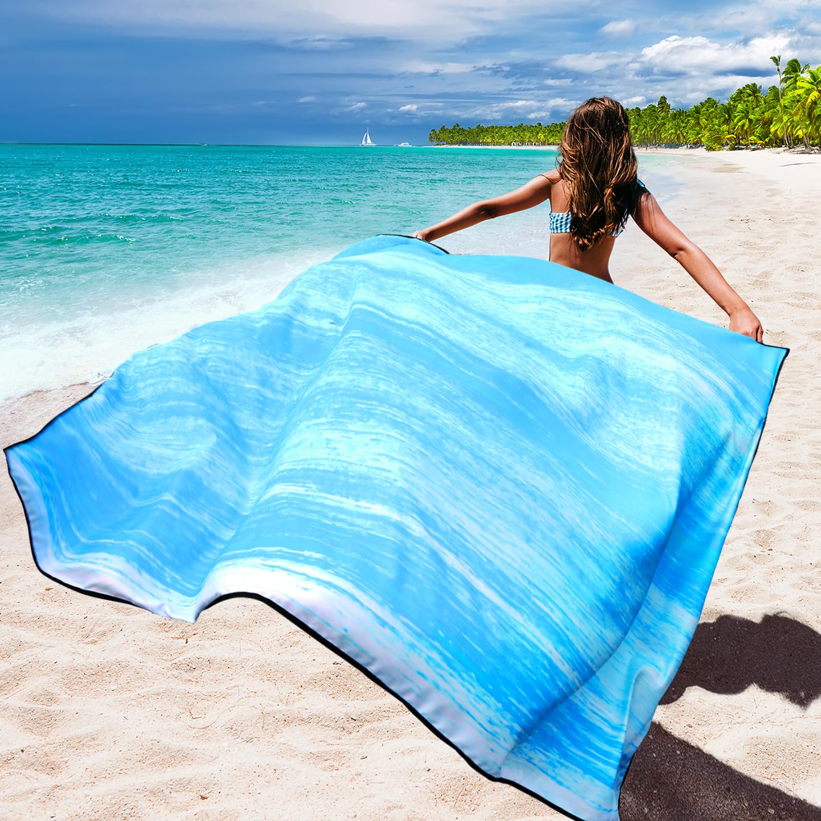 WIWIGO Beach Blanket four sand pockets and stakes secure on windy beaches.