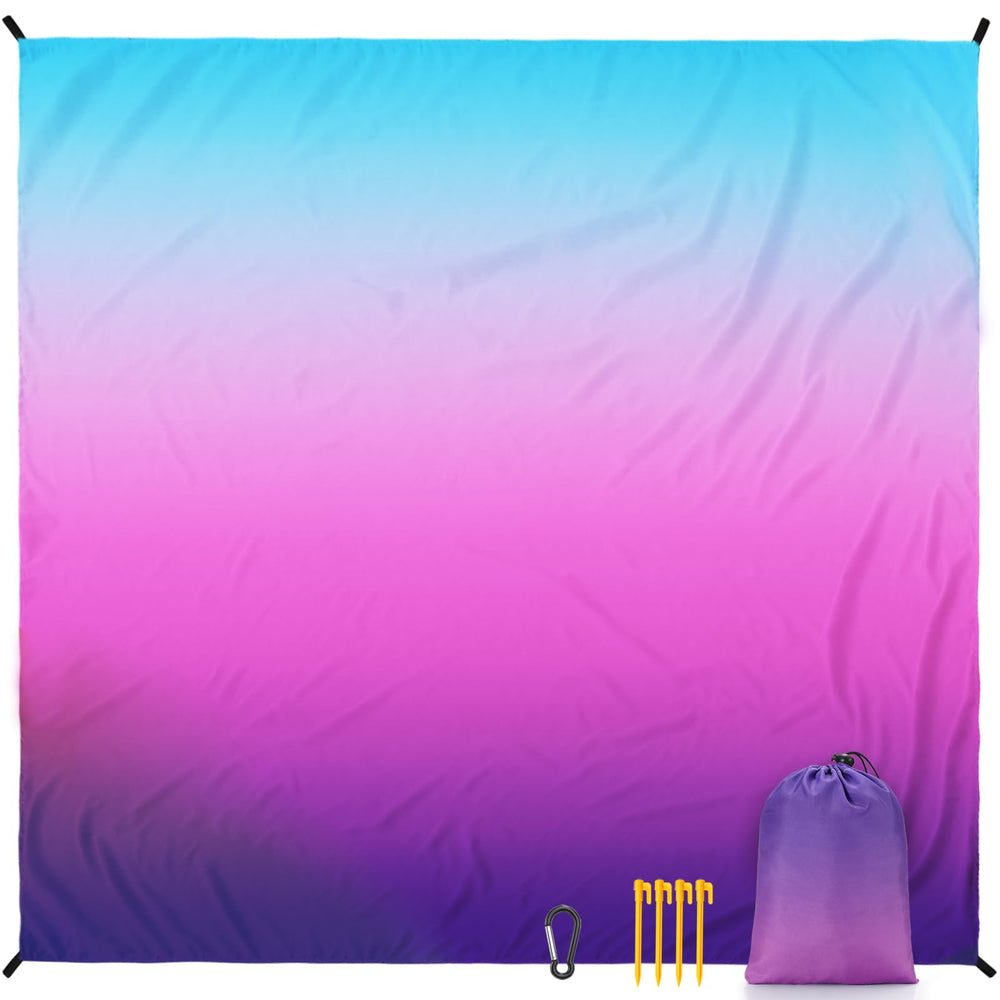WIWIGO Beach Blanket with four stakes and pockets keeps sand out and flat.