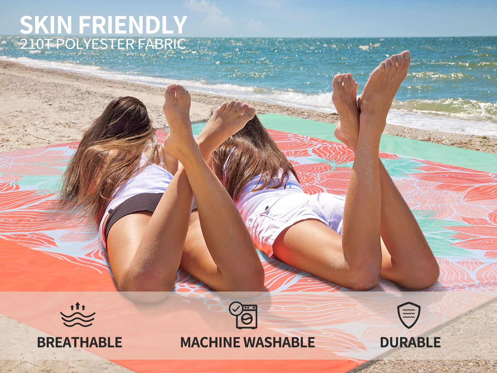 WIWIGO Beach Blanket 79x83 inches accommodates 4-7 people on beaches.