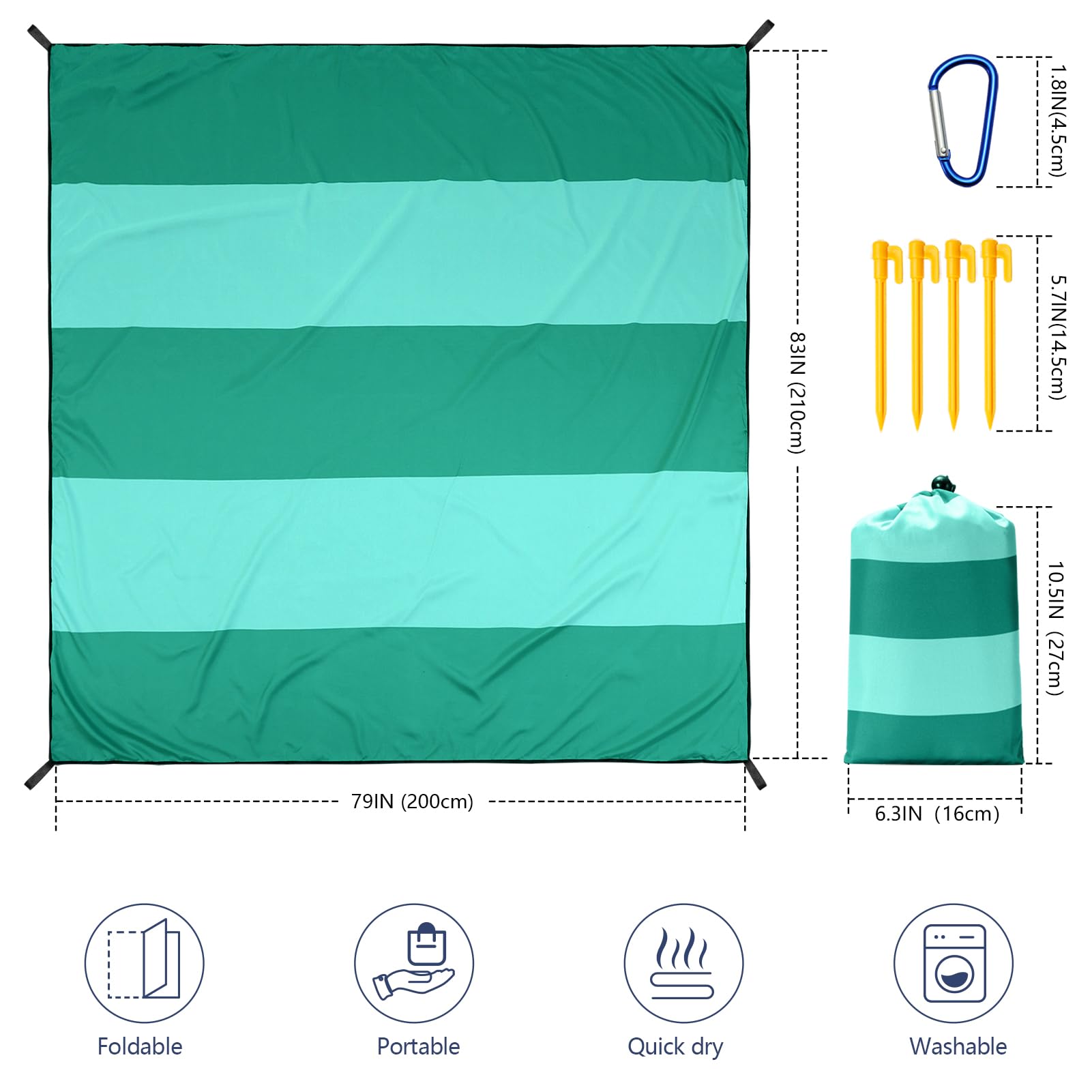 WIWIGO Beach Blanket anchored by stakes for quick, wind-resistant setup