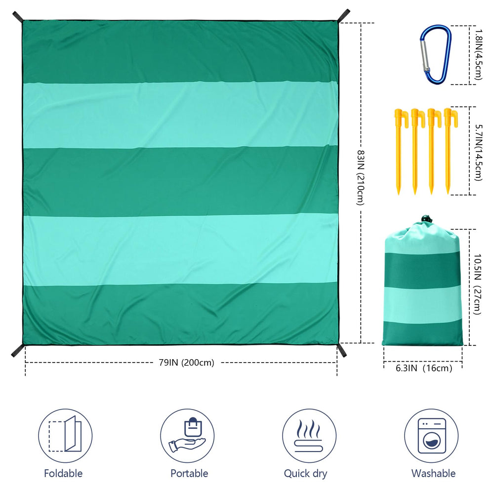 WIWIGO Beach Blanket anchored by stakes for quick, wind-resistant setup