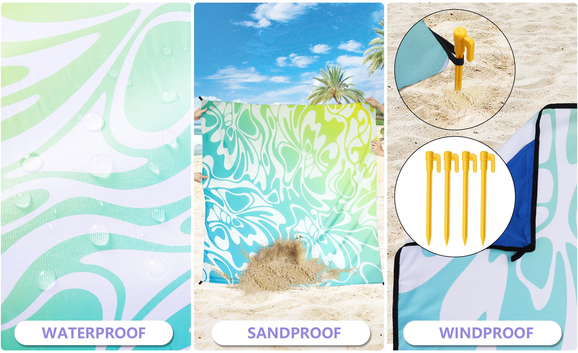 WIWIGO Beach Blanket waterproof nylon keeps you dry during light splashes.