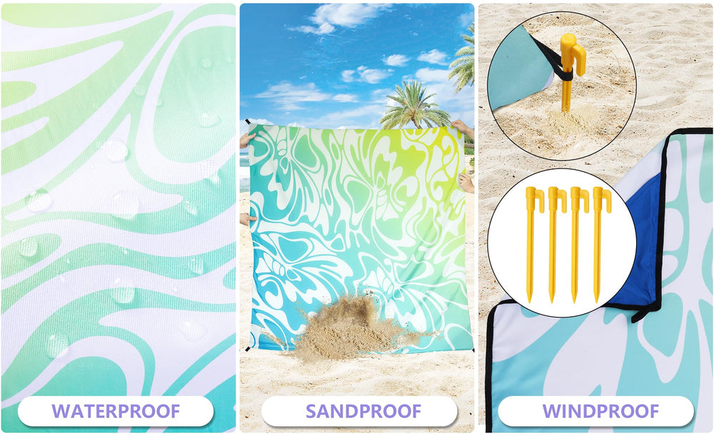WIWIGO Beach Blanket waterproof nylon keeps you dry during light splashes.