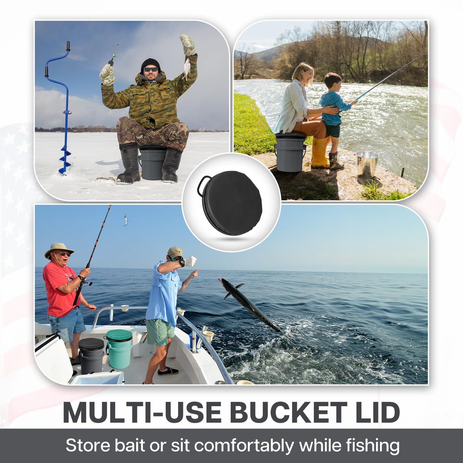 Wizcave bucket seat lid with portable handle for boat or camping trips.