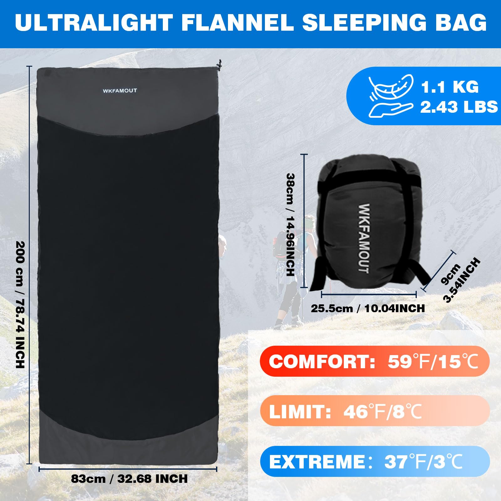 WKFAMOUT backpacking sleeping bag packed for ultralight travel.