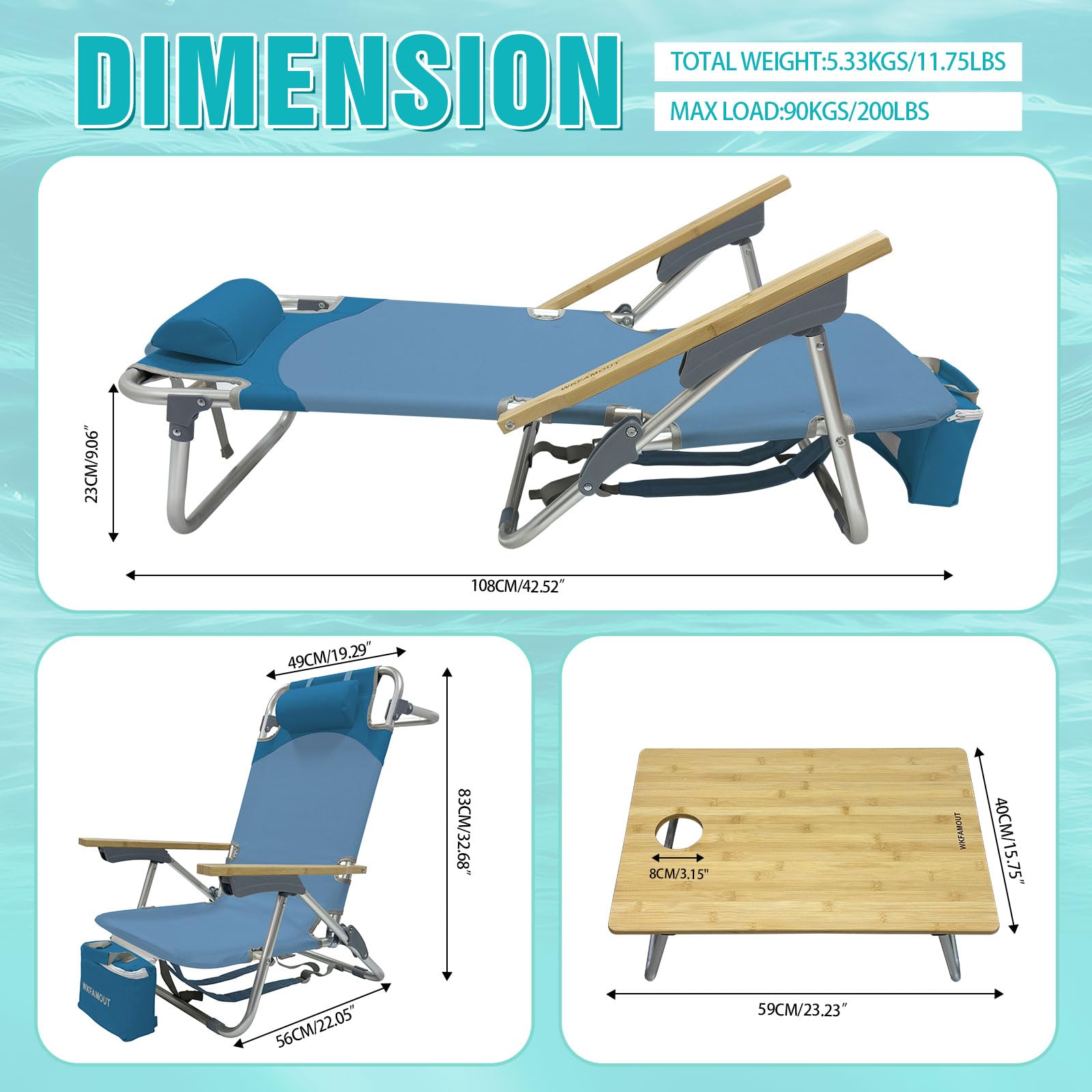 WKFAMOUT bamboo table detail highlights sturdy footrest and secure water bottle surface.